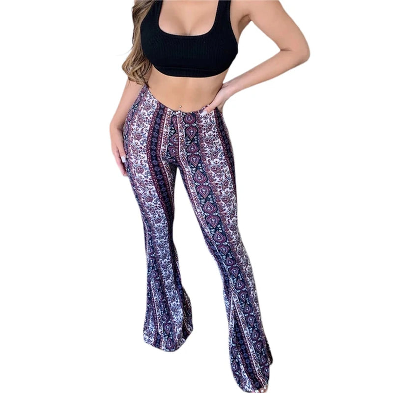 Ladies Print High Elastic Tight High Waist Pants Flared Pants Thin Casual Party Street Spring Straight Retro Floral Print Pants